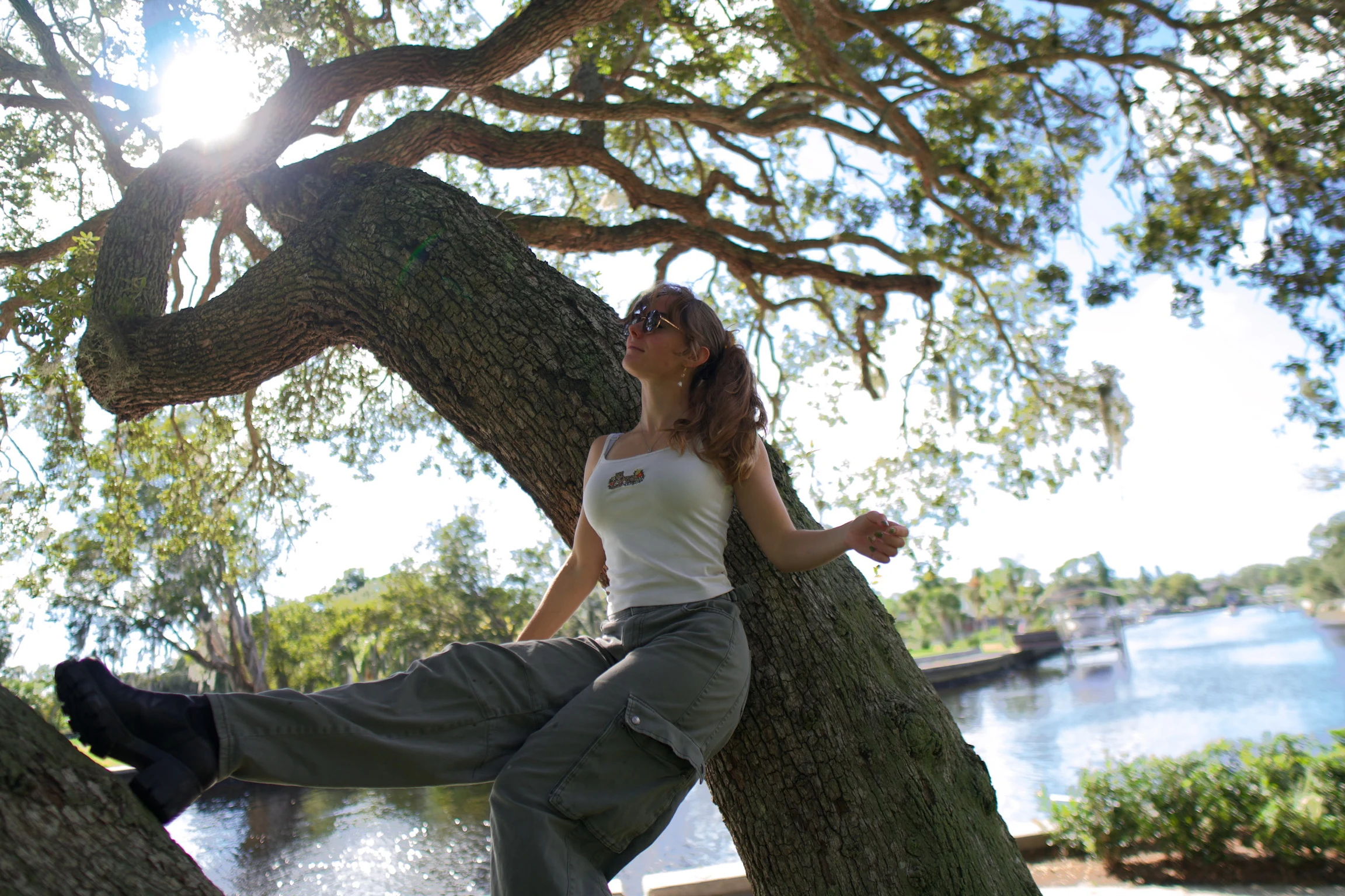 A woman seated on a leaning oak trunk, one arm outstretched, sunlit water behind