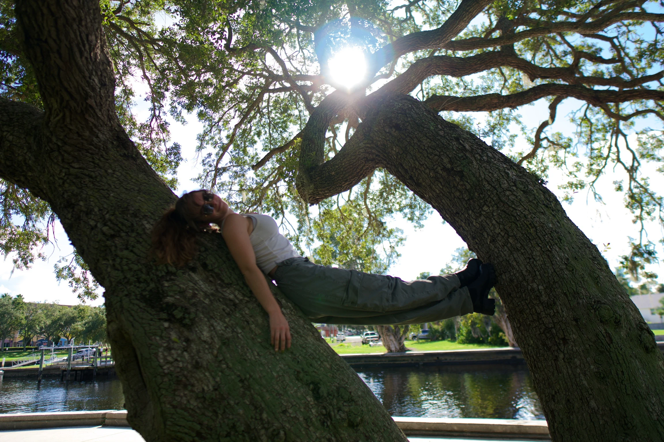 A woman lying along a low oak branch, waterway visible below